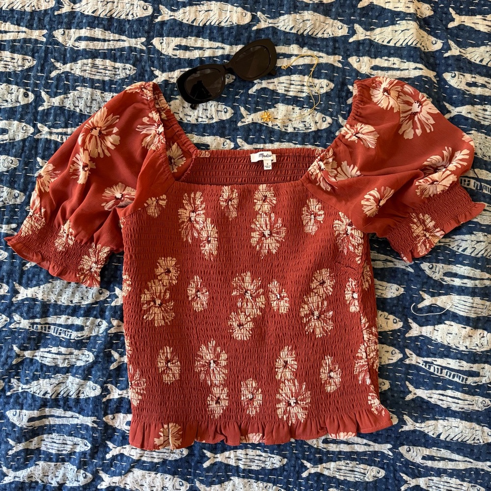 Madewell Red Puff Sleeve Smocked Blouse